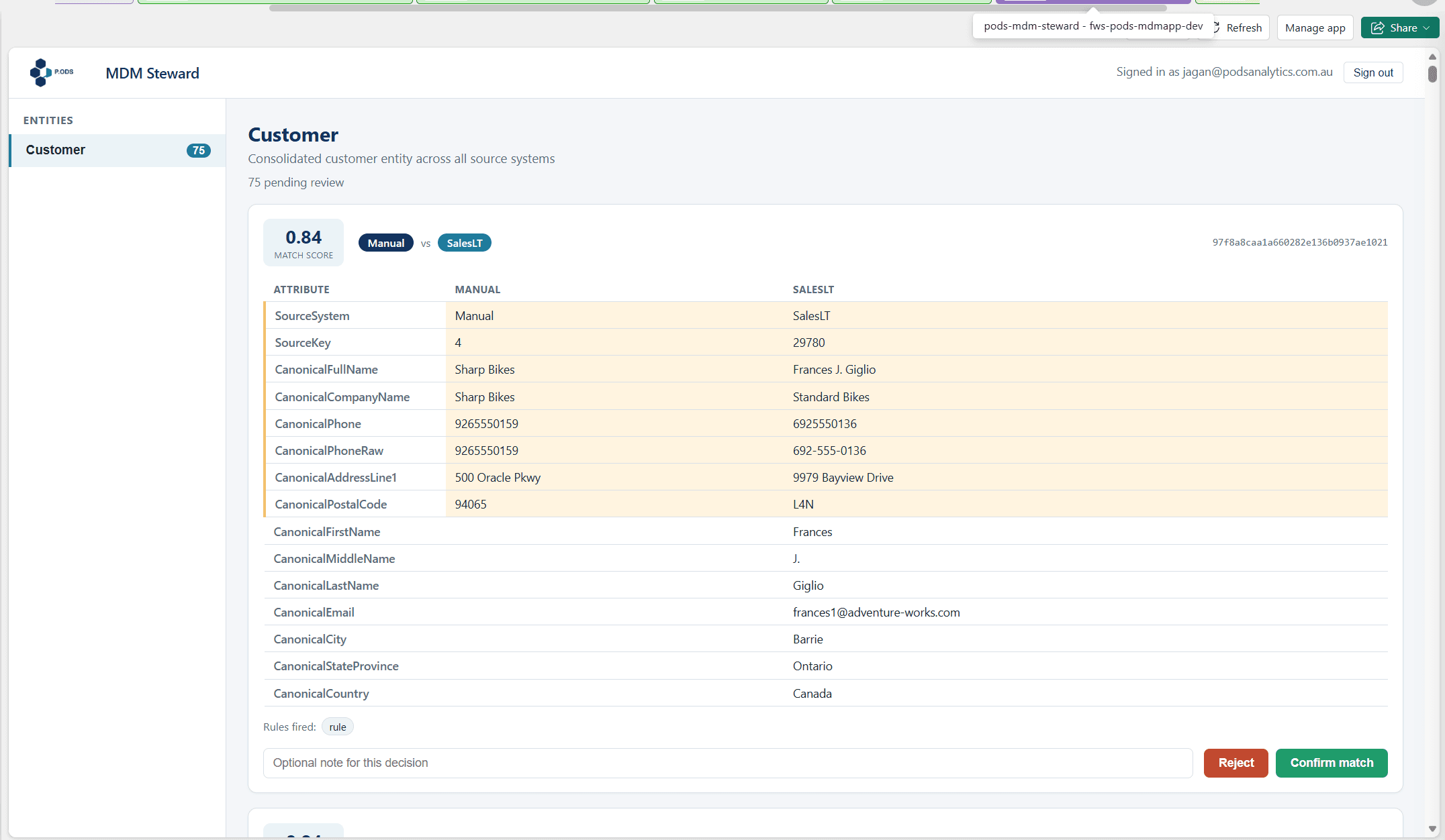 Stewardship App compare view: side-by-side source attributes with match score, confirm, and reject actions